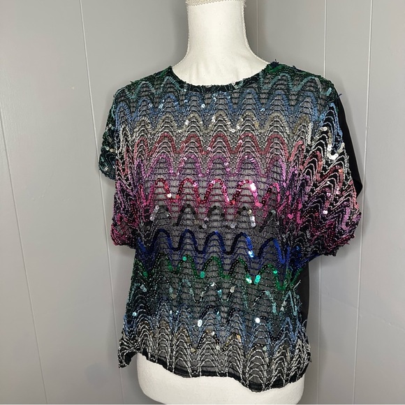 Vintage Pearlette Plus Rainbow Sequin Blouse Top | Size 38 (Approx. M) - Picture 1 of 9